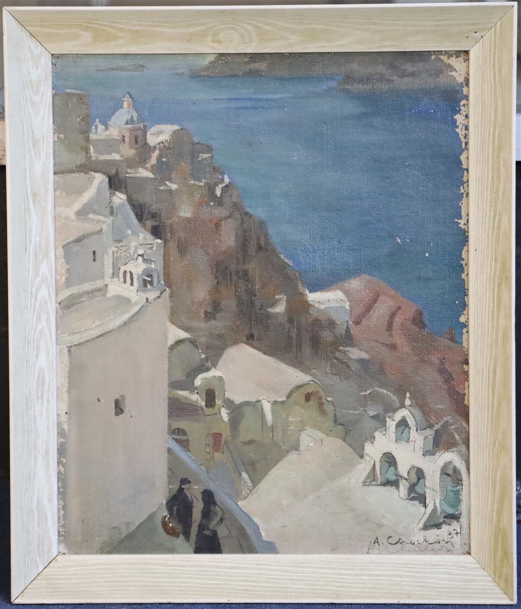 Andre Chochon (1910-2005) A Greek coastal village 17.5 x 14.5in.